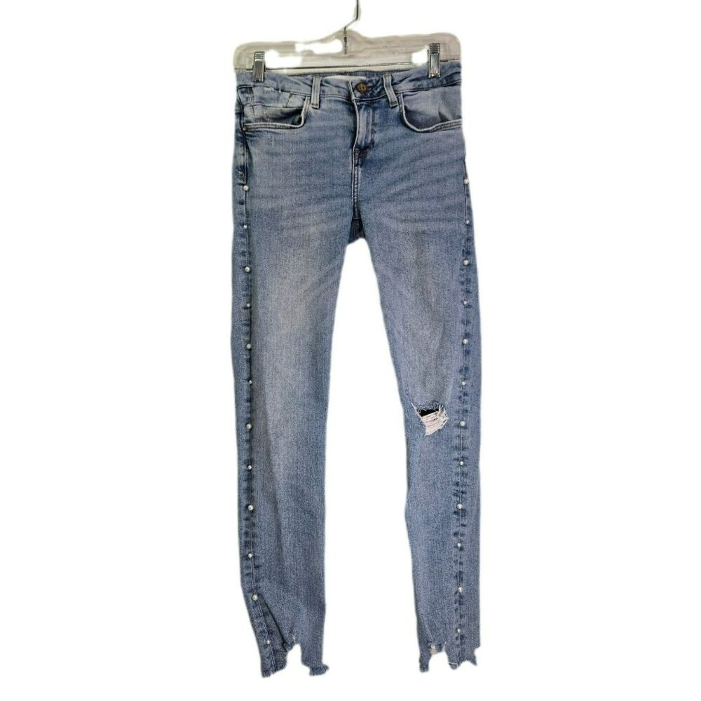 Zara Jeans Grunge Streetwear Embellished Ripped Straight Leg Womens Size 4